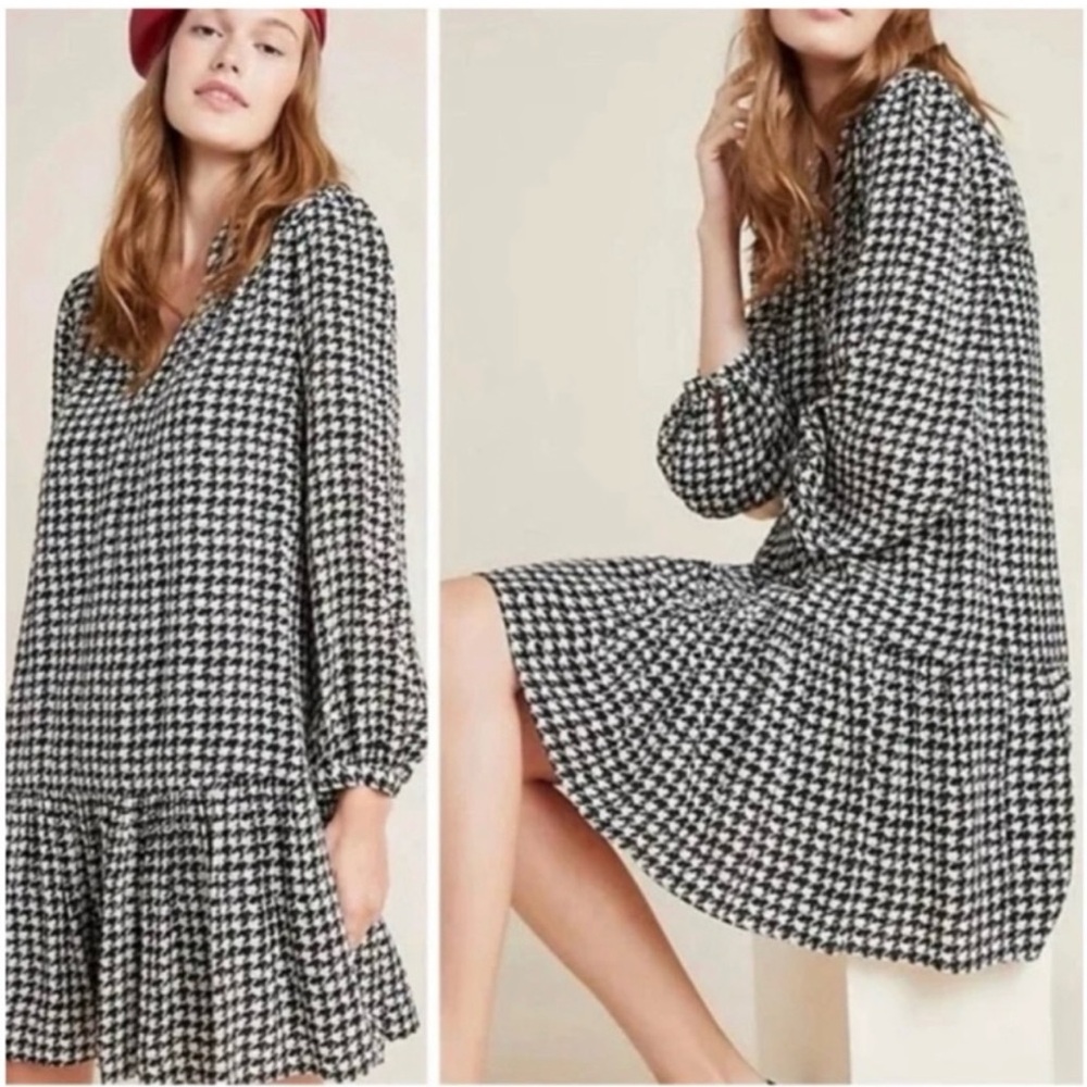 Maeve‎ by Anthropologie Margaret Black / Off White Houndstooth Long Sleeve Dress